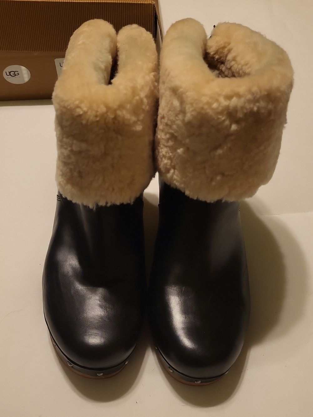 UGG Black Leather Ankle Boots with Cream Shearling Cuff